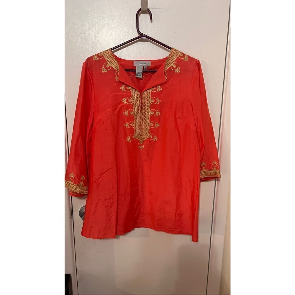 Theme Women's Silk Blend Embroidered 3/4 Sleeve Tunic Blouse Orange Size Medium
